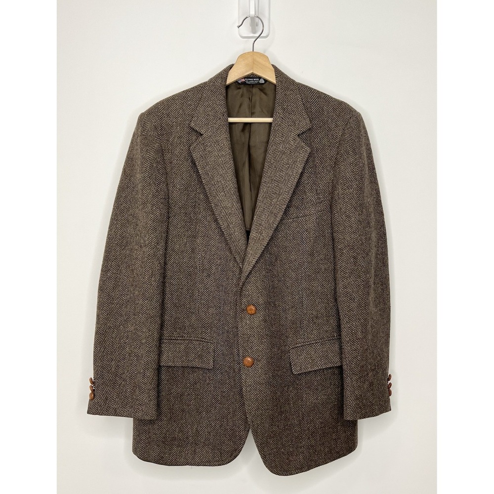 VTG John Alexander Tweed Blazer Mens 42R Brown Herringbone Wool Sport Coat USA